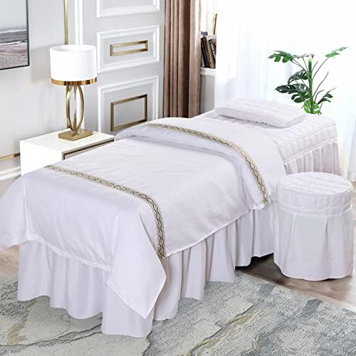 White Sheet Set Bedding Bed Sheets Kit Solid Quilt Cover/Massage Bed Skirt/Pillow Case/Stool Cover/Quilt Filling/Plastic Storage Bag for Foot Wash Shops, Massage Shops, Beauty Salons, Hotels by Unknown
