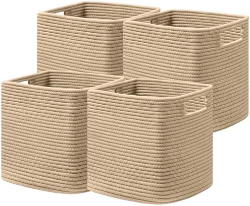 UBBCARE Set of 4 Storage Basket-12 X 12 X 12 in, Cotton Rope Basket for Shelves, Toys, Book, Cube Storage Bins with Handles, Woven Storage Basket for Organizing, Brown by UBBCARE