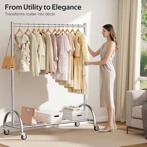 MISSLO Heavy Duty Clothing Rack with Wheels Rolling Clothes Racks for Hanging Clothes, Coats, Garment, Dress, Silver - Image 5