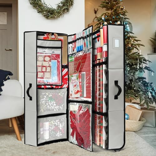 Hearth & Harbor Wrapping Paper Storage Container with Ribbon Dispenser and Interior Pockets - Large Christmas Storage Containers with Wheels, Fits 30 Rolls of 40" Length, Silver - Image 6