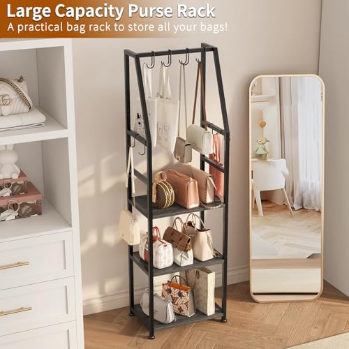 3-Tier Purse Stand Handbag Organizer, Tall Narrow Entryway Closet Bag Organizer, Wood Iron Storage Shelf, 4-in-1, with 8 Removable Hooks(Black) - Image 4