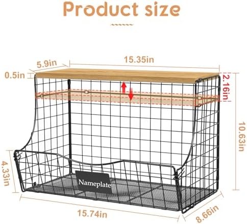 3 Pack Extra Large Fruit Basket for Kitchen with Wood Lid Nameplate - Counter&Wall Mounted Onion and Potato Storage Bin, Stackable Metal Hanging Wire Baskets,15.74 * 8.66 * 10.63 inch - Image 7