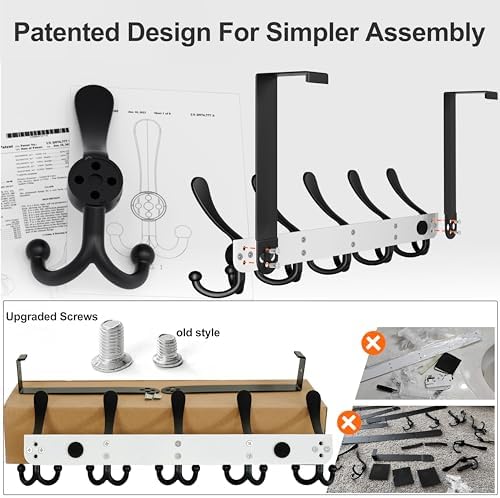 Dseap Over Door Hook 2.0 - Upgraded Version - Simple-Assembly, Strong, Heavy-Duty Stainless Steel 5-Tri-Hook Over The Door Hanger Rack, SimpleStrong Series, White & Black, Pack of 2 - Image 4