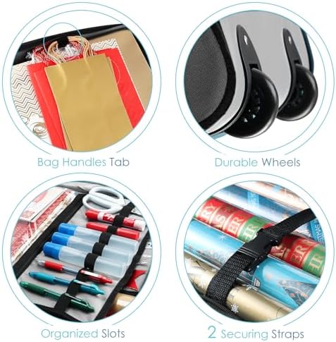 Hearth & Harbor Wrapping Paper Storage Container with Ribbon Dispenser and Interior Pockets - Large Christmas Storage Containers with Wheels, Fits 30 Rolls of 40" Length, Silver - Image 5