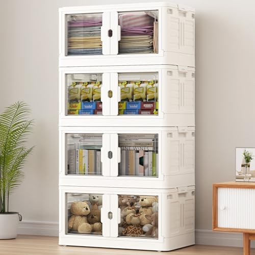 BROVIEW 460Qt Stackable Storage Bins with Lids & Wheels, 4-Pack Large Plastic Collapsible Latching Boxes, Closet Organizers and Storage Cabinet Shelves, for Home Garage Office Organization, V7 White by BROVIEW-EnjoytheArtofLife