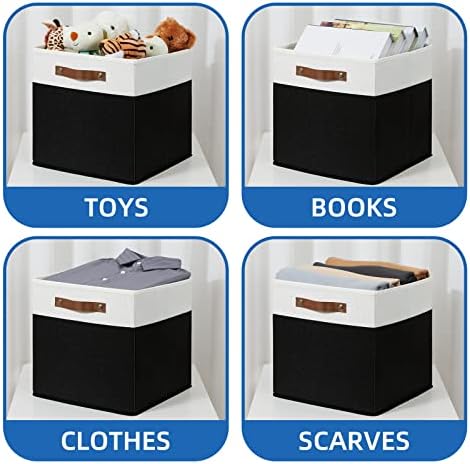 Temary Fabric Storage Bin 4 Pack Cube Storage Bin for Shelf Fabric Cube Storage Basket 13 Inch Cube Storage Bins Foldable Storage Cubes with Leather Handles(White&Black) - Image 4