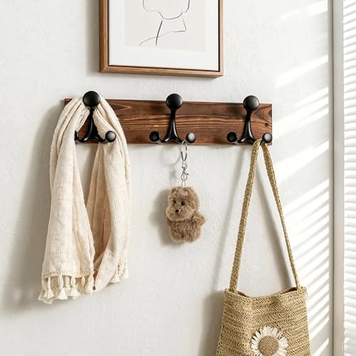 SKOLOO 17-Inch Wood Coat Rack Wall Mount with 3 Triple Hooks - Ideal for Family Entrances, Classrooms, and Pet Supplies Storage - Perfect Coat Hooks for Wall,Charred Golden Brown, Pack of 2 - Image 2