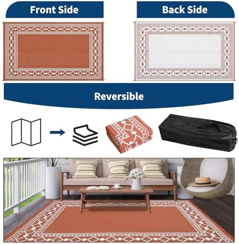 GlowSol 9x18 Outdoor Rug Waterproof Reversible Patio Mat, Heavy Duty Plastic Straw Rug for RV Camping Deck Backyard Beach, Foldable Indoor Outdoor Carpet Stain Resistant Outside Rugs, Orange/White - Image 3
