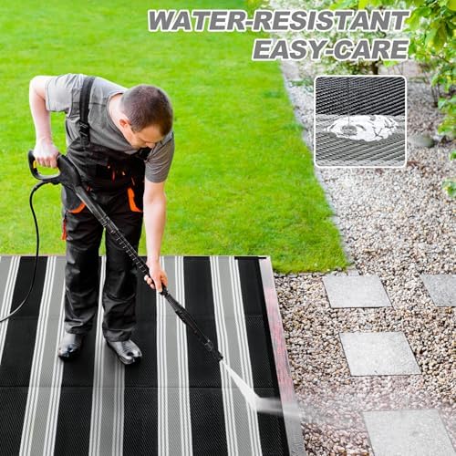 Lahome Striped Outdoor Rug 8x10, Black and White Outdoor Plastic Straw Rug - Image 3