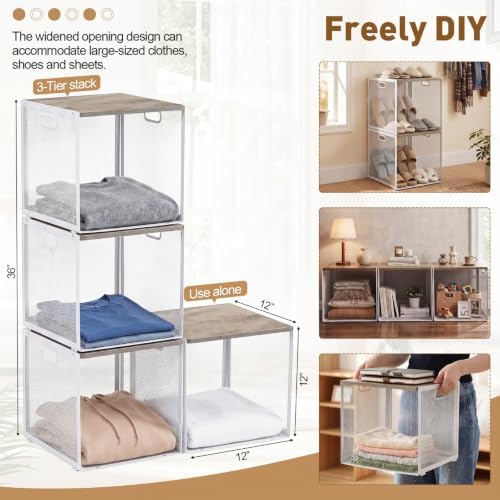 AceOrbit 3 Pcs Widened Stackable Closet Organizers and Storage with Wood Foldable Top Metal Cube Closet Shelf DIY Space Saving Linen Clothes Shoe Bed Sheet Bin for Wardrobe Bedroom(12"x12"x12", Light) - Image 2
