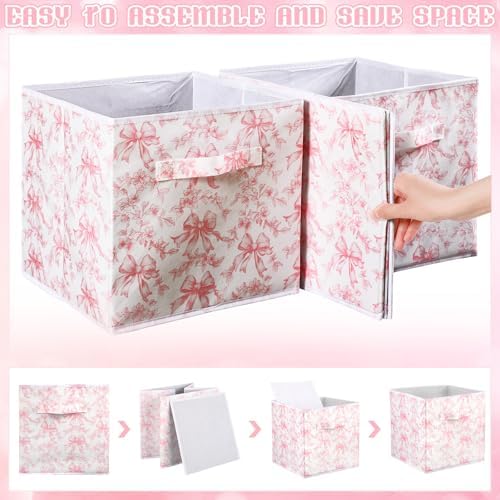 Geelin 6 Pcs Pink Floral Bow Cube Storage Bins 11 in Basket with Handle - Image 3