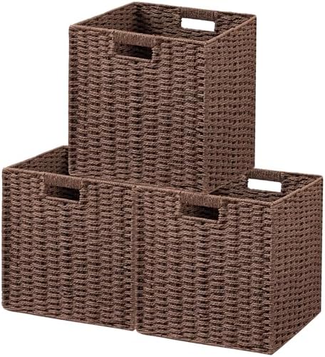 UBBCARE 3 Pack Wicker Basket, 11L×11H×10.5W inch Woven Paper Rope Storage Baskets for Shelves, Foldable Cube Storage bin with Handle, Storage Basket for Organizing & Decor, Brown by UBBCARE