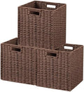 UBBCARE 3 Pack Wicker Basket, 11L×11H×10.5W inch Woven Paper Rope Storage Baskets for Shelves, Foldable Cube Storage bin with Handle, Storage Basket for Organizing & Decor, Brown by UBBCARE