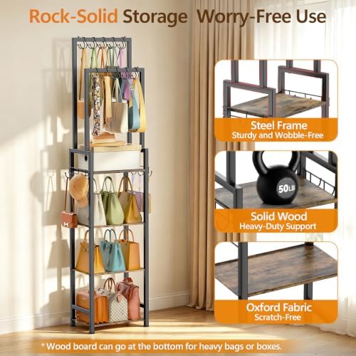 Tall Purse Organizer for Closet: 4-Tier Double Rods Purse Rack Stand,Black - Image 5