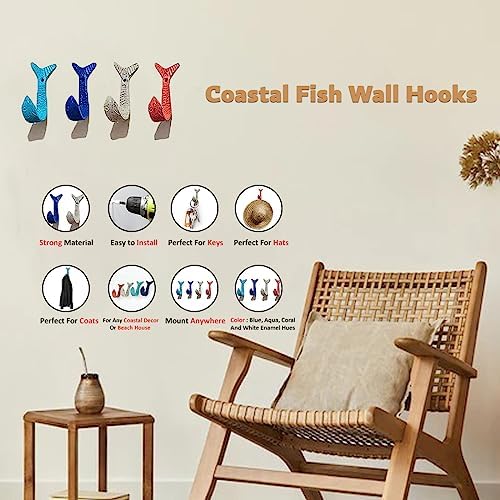 Set of 4 Decorative Wall Hooks, Coastal Coral Flipping Fish, 4 Inch Long - Image 2