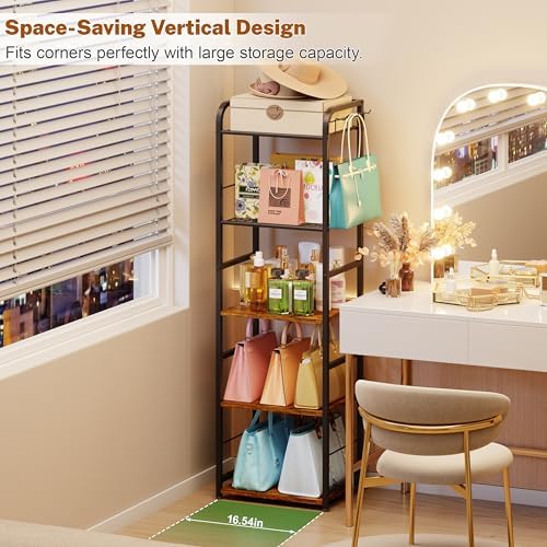 Tall 5-Tier Purse Organizer for Closet, Purse Rack Stand for Purse Storage, Metal & Wood Handbag Organizer with 4 Side Hooks and 2 Baskets, Space-Saving Narrow Purse Shelf for Small Space, Bedroom - Image 6