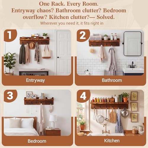 Geelin 35 Inch Wall Shelf with Hooks and Shelf Organizer Wall Mount Coat Rack with 6 Hooks for Hanging for Entryway, Hallway, Bathroom, Living Room, Bedroom - Image 5