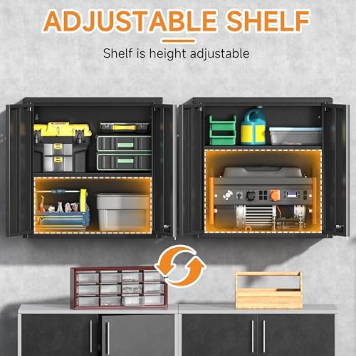 Metal Garage Wall Cabinet with 2 Doors and 1 Adjustable Shelf,Lockable Floating Tool Cabinet with Pegboard,Black Steel Storage Cabinet for Kitchen,Office,Garage,Laundry,Warehouse(Black, 26" H) - Image 4