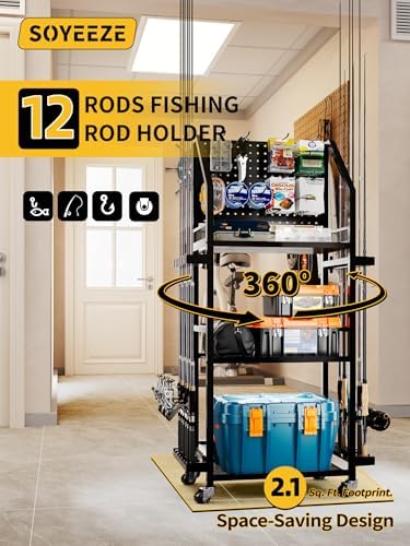SOYEEZE Fishing Rod Holders for Garage, Fishing Pole Holders Up to 12 Rods with Pegboard and Hooks,Rolling Fishing Cart with Wheels, Fishing Gear Storage For Tackle Box & Reel Organization- 10 Hooks - Image 4