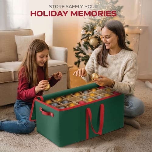 128 Ornament Storage Box, Adjustable Dividers, Stackable Holiday Ornament Organizer with Lid, Durable Fabric Bin for Christmas Decorations – Reinforced Handles, Dustproof, Space-Saving Design - Image 2