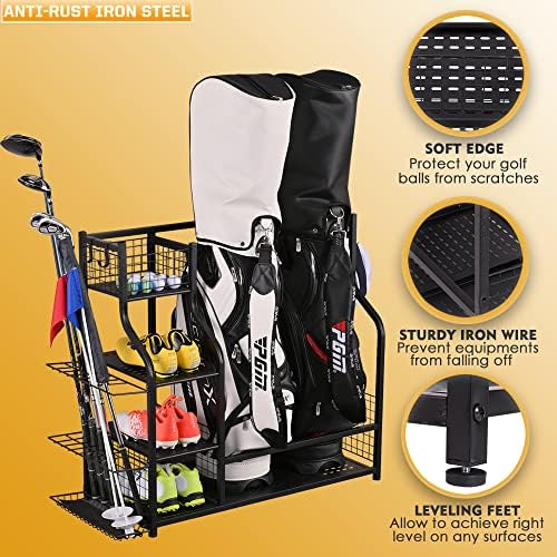 SNAIL Golf Bag Garage Storage Organizer Extra Large Size Golf Bag Rack Stand Holder Fits 2 Golf Bags and Other Golfing Equipment Accessories, Metal Black Golf Club Storage for Garage Shed and Basement - Image 2