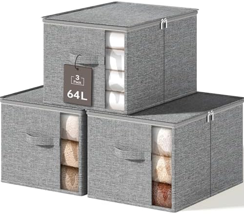 64L Clothes Storage Bins with Sturdy Frame, Foldable Clothing Organizer Box, Sweater Storage Cube with Lids and Zipper, Fabric Bedding Storage Bags for Blankets, Seasonal Clothes, Comforter by KitHero