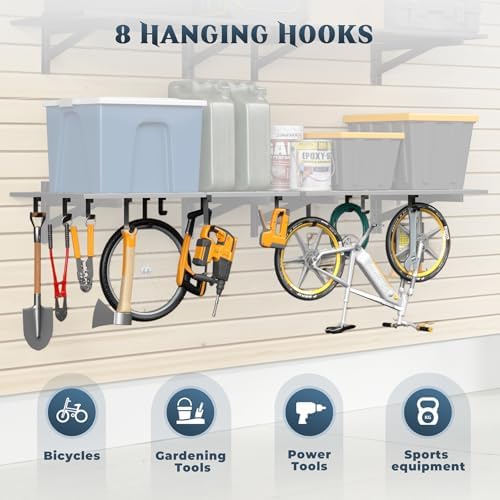 Jusgym 2 Pack Heavy Duty Garage Wall Shelving with 8 Hooks, 2x3ft, 500lbs - Image 4