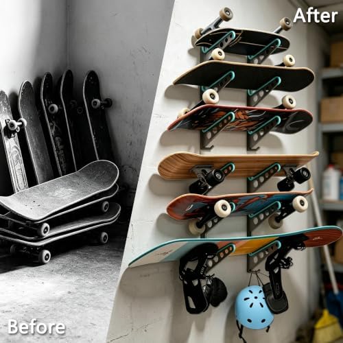 Skateboard Rack Wall Mount with Hooks, Metal Holder for Longboards, Snowboards and Skis, Sports Equipment Organizer for Home Garage - Image 3