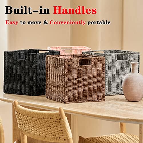 Vagusicc Wicker Basket, Set of 2 Hand-Woven Paper Rope Storage Baskets for Organizing, Foldable Cubby Storage Bins, 11 Inch Large Wicker Storage Basket, Square Baskets Cube Storage Organizer, Brown - Image 6