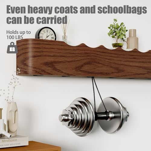Coat Rack Wall Mount with Shelf 8 Hidden Hooks Modern Wooden Key Holder Entryway Organizer for Hallway Bedroom Bathroom Home Decor Storage for Hanging Coats Hats Bags Towels, Wave-Shape Walnut - Image 4