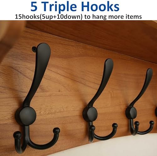 WEBI Wall Shelf with Hooks Underneath,24" Long Coat Rack Wall Mount with Shelf,Key Rack for Wall,5 Triple Hooks for Hanging Coats,Clothes,Jacket,Bathroom,Entryway,Light Brown - Image 6