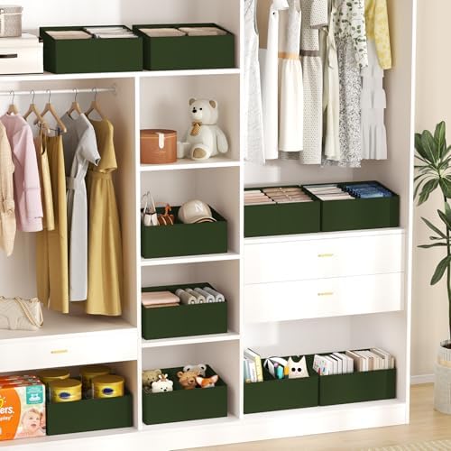 DIMJ Large Closet Shelf Organizer Bins 8 Packs with Handles and Divider, Fabric Trapezoid Storage Baskets, Foldable Clothes Containers Box for Shelf, Towel, Book, Toy, Purse, Hats, Green - Image 5