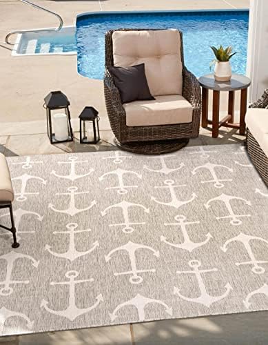 Unique Loom Outdoor Coastal Collection Area Rug - Ahoy (7' 10" Square, Gray/ Ivory) by UniqueLoom
