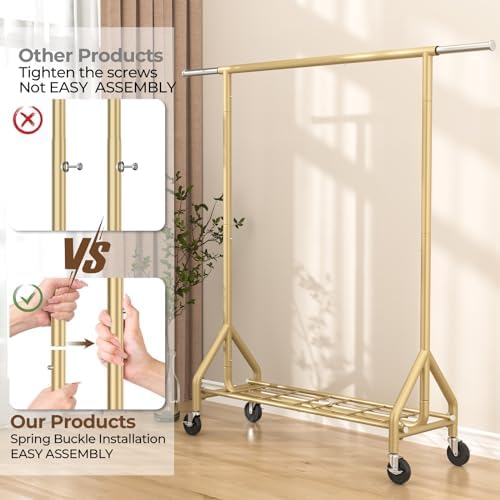 HYSEYY Heavy Duty Clothes Rack Load 450 LBS, Metal Garment Rack, Standing Rolling Clothing Rack for Hanging Clothes with Sturdy Wheels & Shelves, Portable Closet Wardrobe Rack,Gold - Image 7