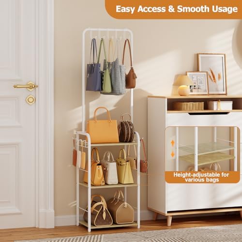 Tall Purse Organizer for Closet with Wood Shelves, Metal Floor-Standing Purse Rack Stand, Narrow High-Capacity Purse Storage and Bag Organizer for Bedroom, Entryway and Small Space - Image 3