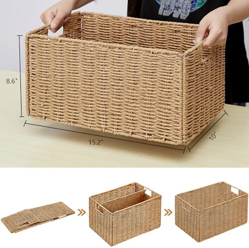 Vagusicc Wicker Storage Basket, Set of 2 Hand-Woven Paper Rope Wicker Basket, Small Storage Baskets for Organizing Toilet Paper Basket, Foldable Large Cube Storage Organizer Bins for Shelves (Natural) - Image 2