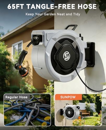 SUNPOW Retractable Garden Hose Reel - 5/8in x 65ft Heavy Duty Wall Mounted Hose Reel with 3/4in Brass Fitting & 10 Function Nozzle - Any Length Lock, Auto Rewind System, 180°Swivel Bracket - Gray - Image 2
