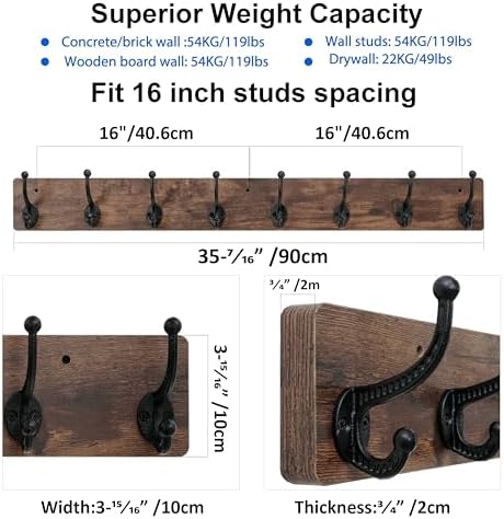 WEBI Rustic Coat Rack Wall Mount,35.43" Long 8 Cast Iron Coat Hooks Wall Mounted,Heavy Duty Wood Wall Coat Hanger Hooks for Hanging Coats,Jacket,Clothes,Backpack,Farmhouse,Rustic Brown - Image 3
