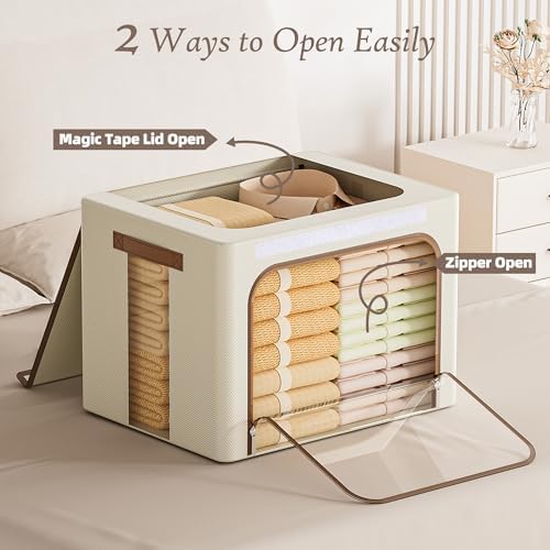 Yecaye Foldable Large Clothes Storage Bins with Lid, Beige, 66L, 3 Pack - Image 6
