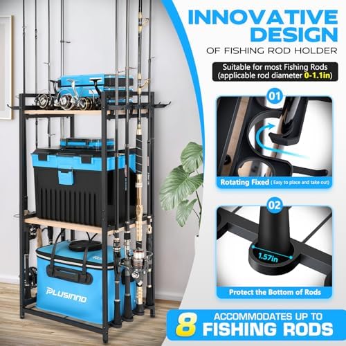 PLUSINNO 3 Tier Fishing Rod Holder, Fishing Pole Holders for Garage, Fishing Rod Rack Fishing Rod Storage Up to 8 Rods, Fishing Gear Tackle Box Fishing Equipment Organizers, Fishing Gifts for Men - Image 2