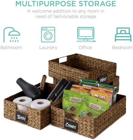 Best Choice Products Set of 4 16x12in Large Water Hyacinth Pantry Baskets, Woven Organizers w/Chalkboard Label, Chalk Marker - Chestnut - Image 6