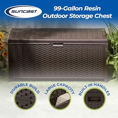 Suncast 99 Gallon Plastic Wicker Deck Box Container Storage for Garden, Garage, Home, Pool, Indoor and Outdoor Use, Mocha (2 Pack) - Image 2