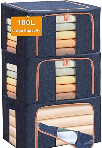 Large Capacity Clothes Storage Bags,Stackable Storage Organizer with Foldable Metal Frame, Zipper, Handles, Clear Window, Navy, 3 Pack) by SWEERI