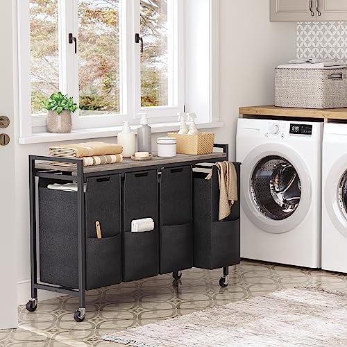HOOBRO Laundry Sorter 4 Sections, Laundry Hamper with Wheels, 4 × 10.5 Gal (39.8L), Rolling Laundry Basket, Pull-Out and Removable Oxford Fabric Bags, Greige and Black BG04XY01 - Image 2