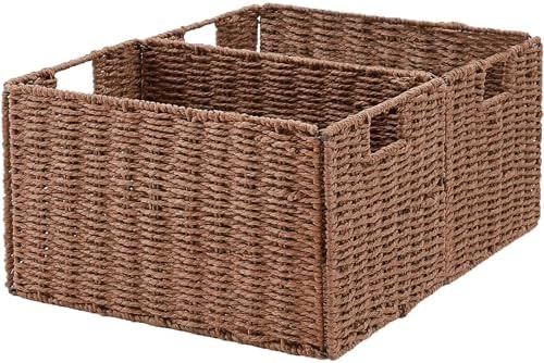 Vagusicc Wicker Storage Basket, Set of 2 Hand-Woven Paper Rope Wicker Basket, Small Storage Baskets for Organizing Toilet Paper Basket, Foldable Large Cube Storage Organizer Bins for Shelves (Brown) by Vagusicc