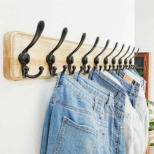 Dseap Coat Rack Wall - Heavy-Duty 38-1/4" Long, with Reinforced 10 Custom Tri-Hooks, Solid Wood Wall Hanger for Coats Hat Jackets - Rustic Farmhouse Entryway Hallway Storage, Light Brown & Black - Image 3