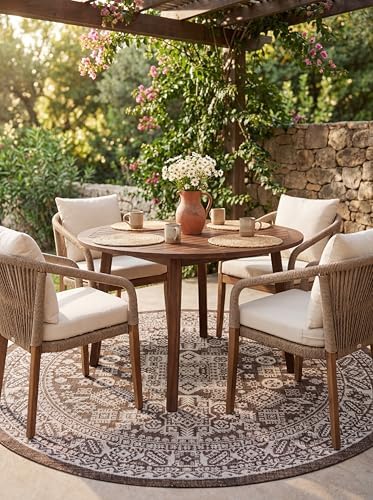 Rugs.com Outdoor Aztec Collection Rug – 8 Ft Round Brown Flatweave Rug Perfect for Kitchens, Dining Rooms by Rugscom