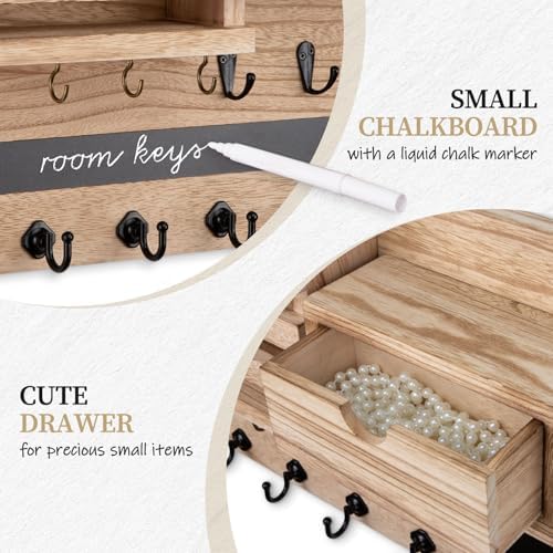 Nekon Key Holder Wall Mount with Drawer, 14.5" Mail Holder, Wood - Image 3