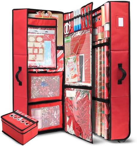 Hearth & Harbor Wrapping Paper Storage Container with Ribbon Dispenser and Interior Pockets - Large Christmas Storage Containers with Wheels, Fits 30 Rolls of 40" Length, Red by HearthHarbor