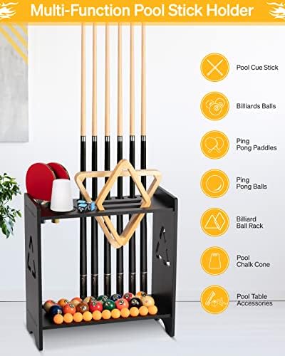 EXTCCT Pool Stick Holder Floor Stand, Wood with Cone Chalk Holder, Black - Image 2